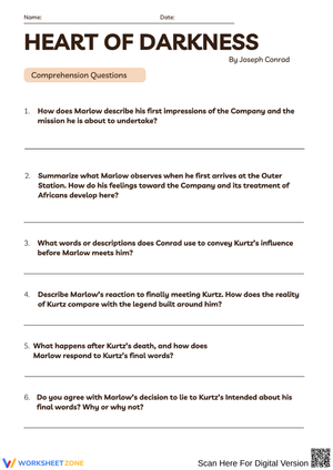 Heart of Darkness Comprehension Questions Worksheet