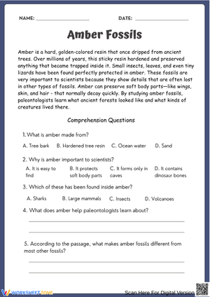 Amber Fossils Reading Comprehension Worksheet