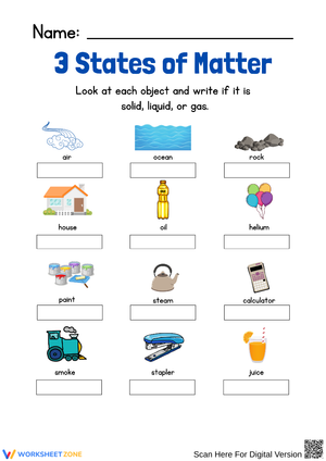 3 States of Matter Classification Worksheet