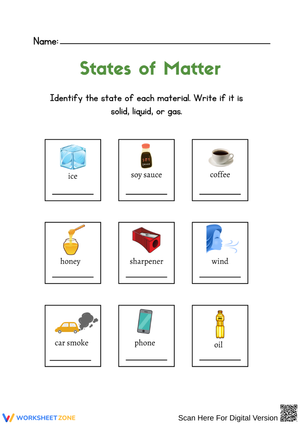 States of Matter Identification Worksheet