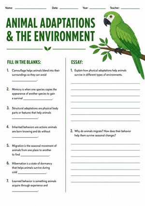 Essential Animal Adaptations Worksheet | Grade 7-9 Science