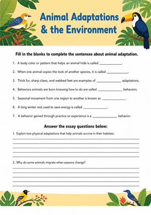 Grades 6-8 Animal Adaptations — Printable No-Prep Worksheet