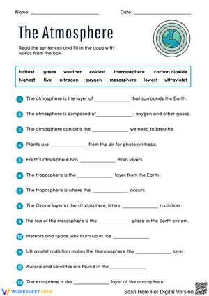 The Atmosphere Fill-in-the-Blanks Worksheet