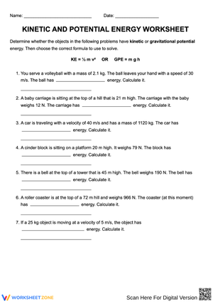 Kinetic and Potential Energy Practice Worksheet