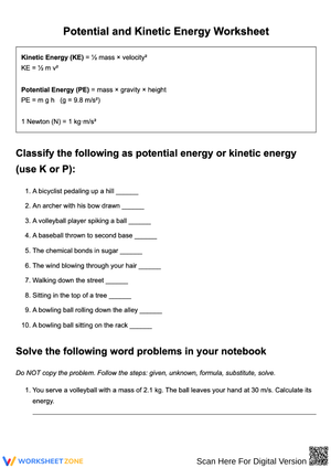 Potential and Kinetic Energy Problems Worksheet