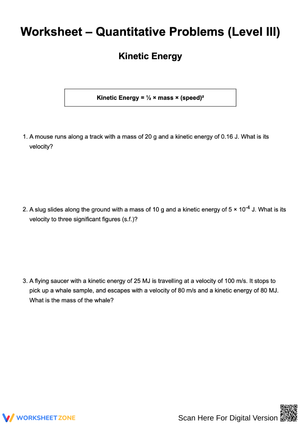 Kinetic Energy Quantitative Problems Worksheet (Level III)