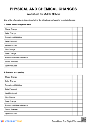 Physical and Chemical Changes Worksheet for Middle School