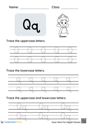 Letter Q Tracing Worksheet – Uppercase & Lowercase Practice