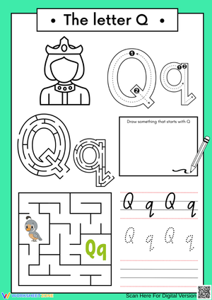 Letter Q Activity Worksheet – Maze, Tracing & Drawing