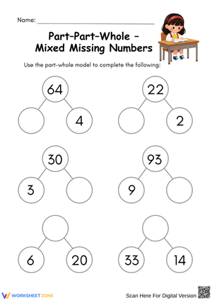 Printable Part–Part–Whole Mixed Missing Numbers Worksheet