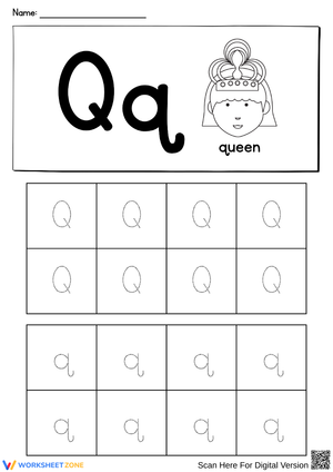 Letter Q Tracing Worksheet – Boxed Uppercase & Lowercase Practice