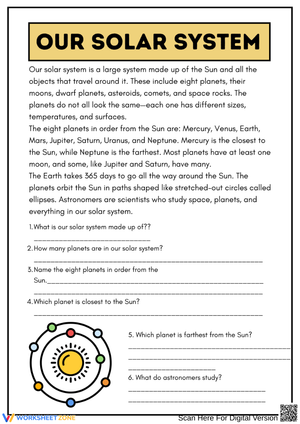Our Solar System Reading Comprehension Worksheet