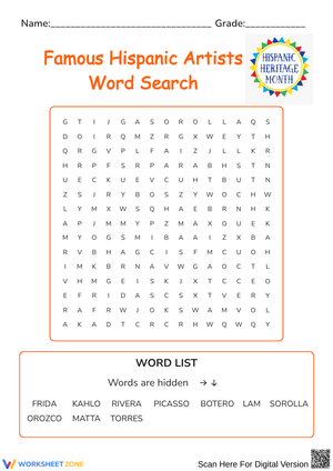 Famous Hispanic Artists Word Search Worksheet