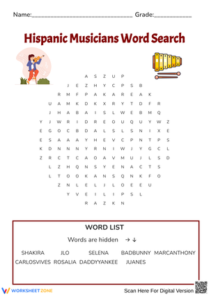 Hispanic Musicians Word Search Worksheet