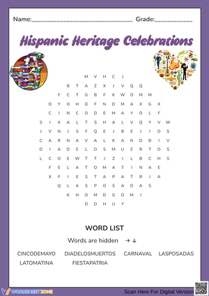 Hispanic Heritage Celebrations Word Search Worksheet