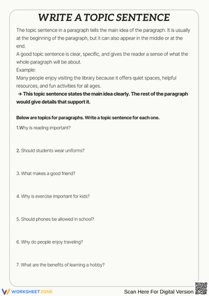 Write a Topic Sentence Worksheet