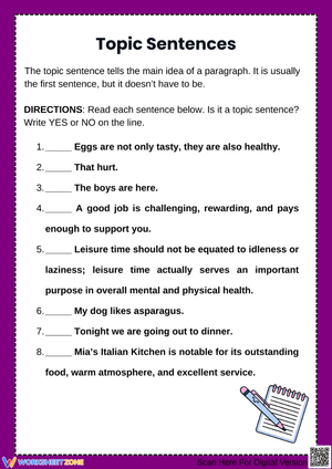 Topic Sentences Identification Worksheet