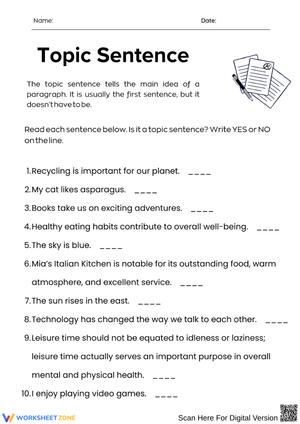 Topic Sentence Identification Worksheet