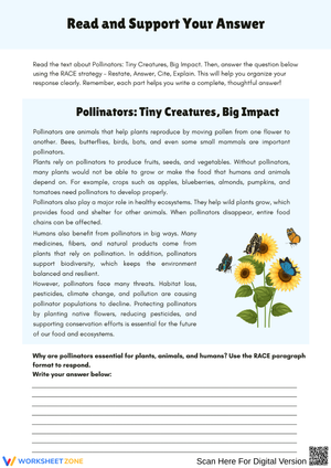Pollinators RACE Strategy Reading Comprehension Worksheet