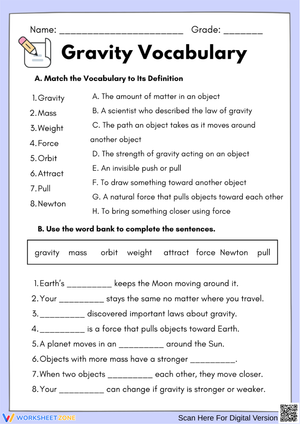 Gravity Vocabulary Worksheet for Science Learners