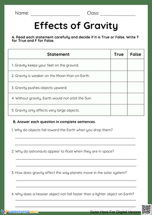 Effects of Gravity Worksheet