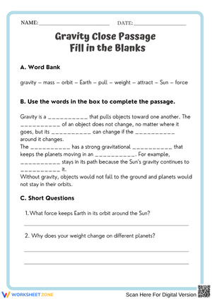 Gravity Close Passage – Fill in the Blanks Worksheet