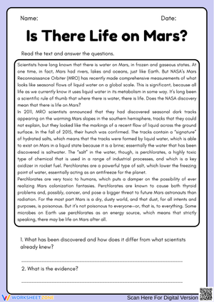 Is There Life on Mars? Reading Worksheet