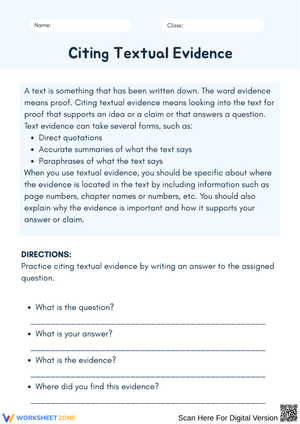 Citing Textual Evidence Practice Worksheet