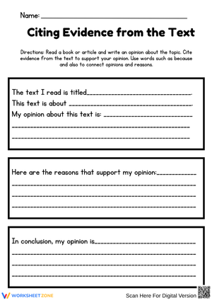 Citing Evidence from the Text Opinion Writing Worksheet