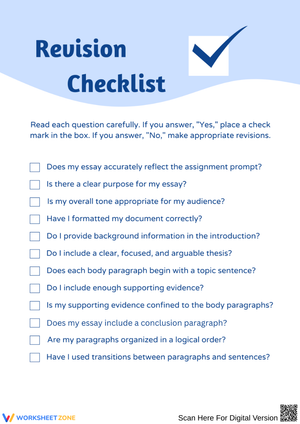 Comprehensive Essay Revision Checklist Worksheet