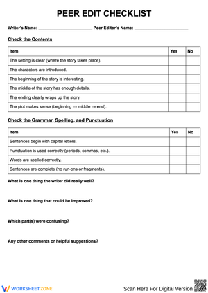 Peer Edit Checklist for Essay Writing