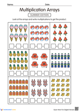 Summer Multiplication Arrays Worksheet