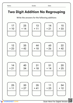 Two Digit Addition – No Regrouping Practice Sheet