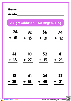 2 Digit Addition – No Regrouping Practice Worksheet