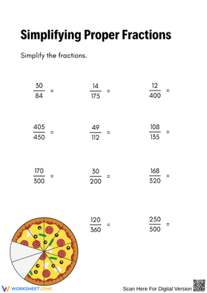 Simplifying Proper Fractions Worksheet