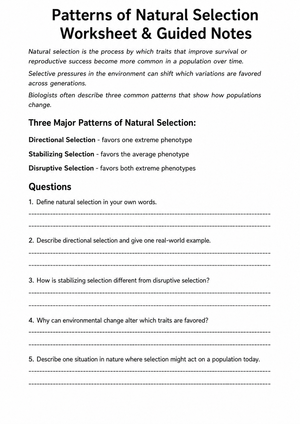 Essential Natural Selection Patterns Worksheet | Grade 10