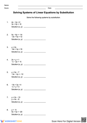 Solving Systems of Linear Equations by Substitution Worksheet