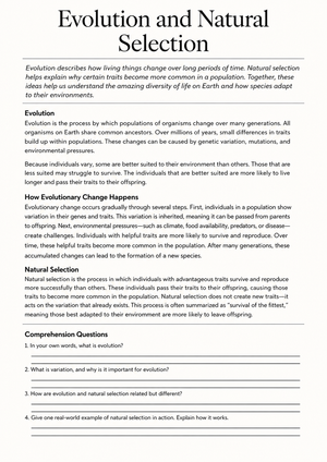 Evolution and Natural Selection — Essential Worksheet