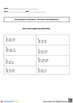 Solving Systems of Equations: Elimination with Multiplication Worksheet