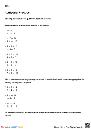 Systems of Equations Elimination Practice Worksheet