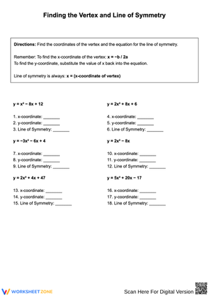 Finding the Vertex and Line of Symmetry Worksheet