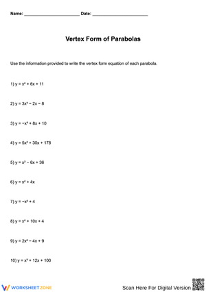 Vertex Form of Parabolas Worksheet