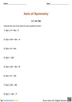 Axis of Symmetry of Quadratic Functions Worksheet