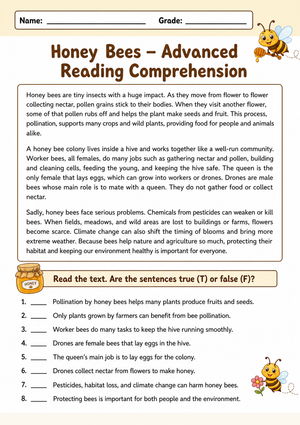 Honey Bees Advanced Reading Worksheet | Grade 5 Essential