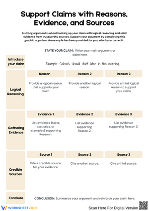 Support Claims with Reasons, Evidence, and Sources – Argument Writing Organizer
