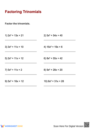 Factoring Trinomials a≠1 Worksheet