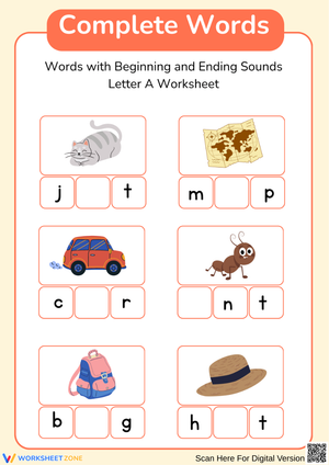 Complete Words – Beginning & Ending Sounds (Letter A) Worksheet