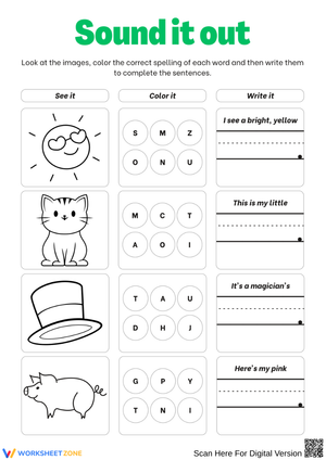 Sound It Out – Spell, Color & Write Phonics Worksheet