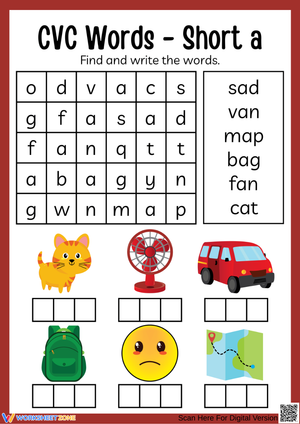 CVC Words – Short A Word Search & Writing Practice