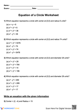Equation of a Circle Practice Worksheet